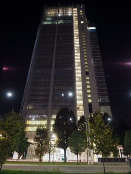 TURIN, ITALY - CIRCA SEPTEMBER 2018: Intesa San Paolo headquarters skyscraper designed by Renzo Piano, night view