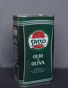 FLORENCE, ITALY - CIRCA JANUARY 2020: Olio Sasso Italian olive oil tin can