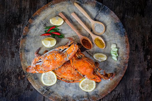 jumbo crab and spices herb on dark background

