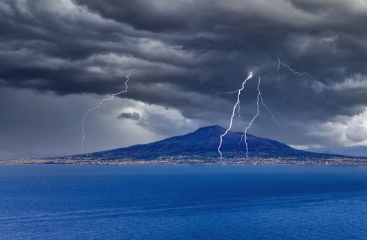 Mount Vesuvius on Blue from the Amalfi Coast under a Thunderstorm