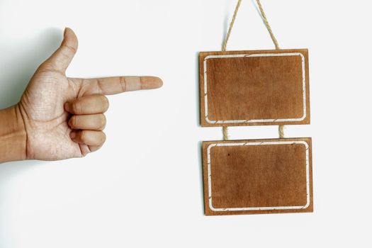 Men's hands and wooden signs without text on a white background