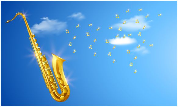 mock up illustration of trumpet with music on clouds