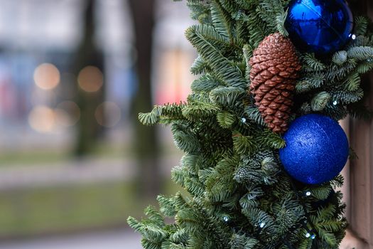 Close-up photo. Christmas decorations and lights.