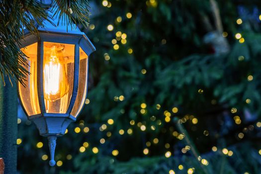 Close-up photo. Christmas decorations, lanterns and lights.