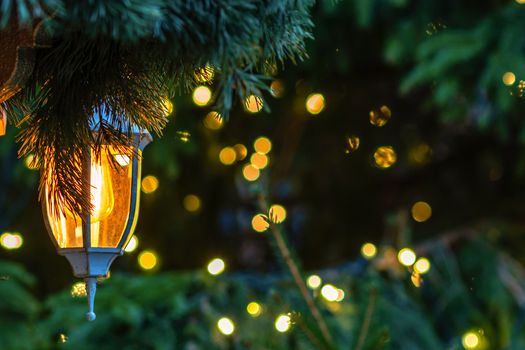 Close-up photo. Christmas decorations, lanterns and lights.