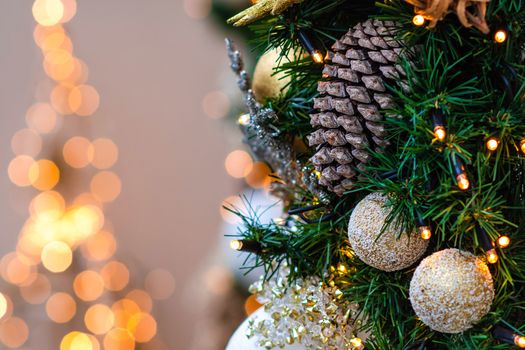 Close-up photo. Christmas decorations and lights.