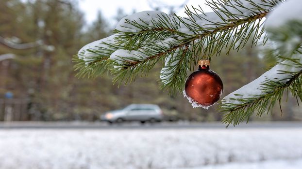 Red Christmas Ball on the snow covered Fir Branch  next to the highway.