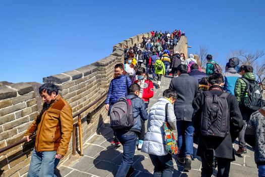 BADALING, CHINA - MARCH  13, 2016: Great Wall of China. Tourists visiting the Great Wall of China near Beijing.