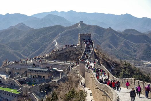 BADALING, CHINA - MARCH  13, 2016: Great Wall of China. Tourists visiting the Great Wall of China near Beijing.