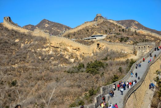 BADALING, CHINA - MARCH  13, 2016: Great Wall of China. Tourists visiting the Great Wall of China near Beijing.