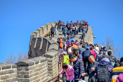 BADALING, CHINA - MARCH  13, 2016: Great Wall of China. Tourists visiting the Great Wall of China near Beijing.
