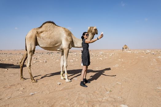 Woman taking selfie with a camel in the desert during a safari