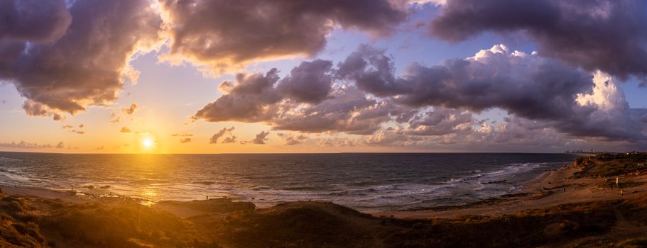 Sunset dream of romantic travel to seashore of Israel