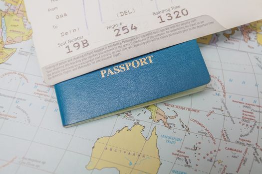 World map, passport and air tickets