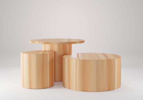 Wood cylinder shape background in the white studio room, minimalist mockup for podium display or showcase, 3d rendering.