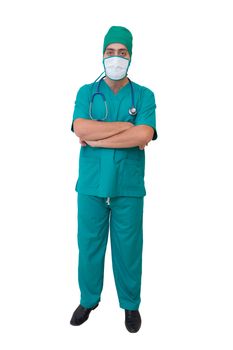 portrait of doctor in mask and green uniform isolated on white background