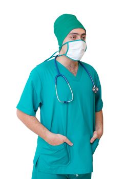 portrait of doctor in mask and green uniform isolated on white background.