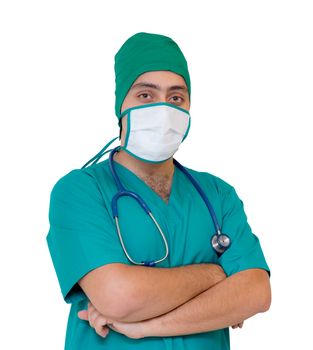 portrait of doctor in mask and green uniform isolated on white background.