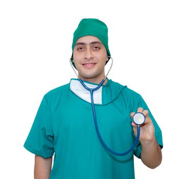 doctor male person with green uniform holding stethoscope isolated on white background.