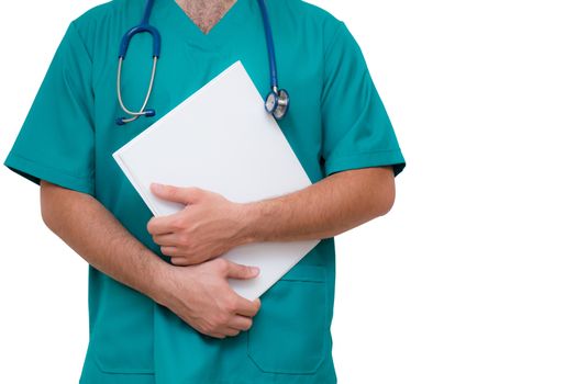 Doctor with stethoscope and holding file isolated on white background.