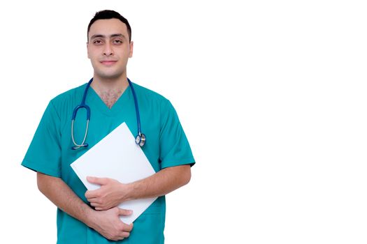 Doctor with stethoscope and holding file isolated on white background.