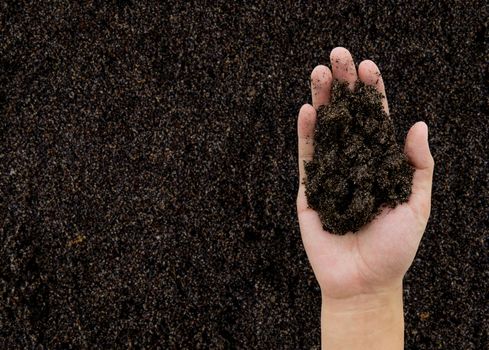 Soil in hand with earth background -Environment concept.