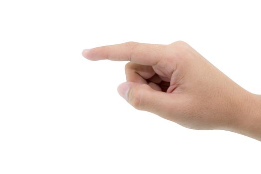 Closeup of male hand pointing. Isolated on white background