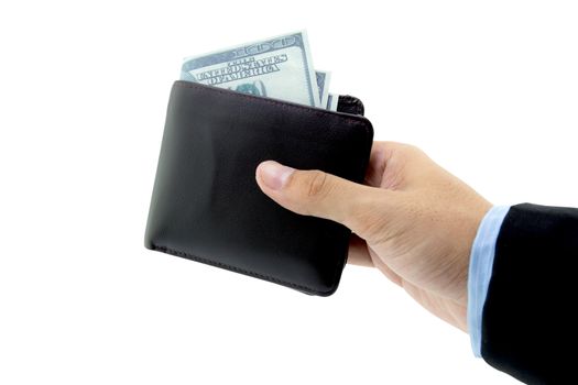 Male hand holding wallet isolated over white background with clipping path.