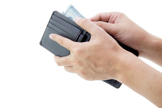 Male hand holding wallet isolated over white background with clipping path.