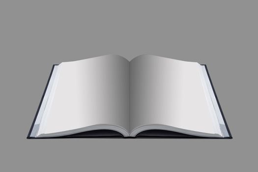 Mockup of opened blank book at white design paper background.