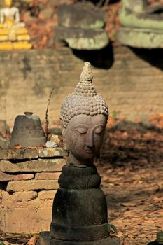 The head of an old Buddha statue, traces of erosion on the ground