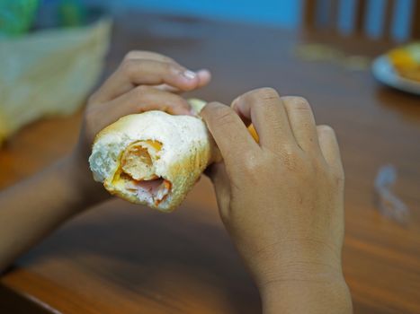 Hand with Hot Dog During breakfast time. Junk food concept.