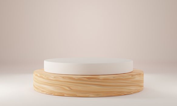 Wood cylinder shape background in the white studio room, minimalist mockup for podium display or showcase, 3d rendering.