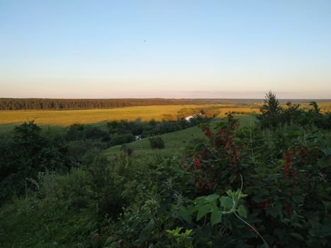 Landscape with river and trees, fields and cloud sunder the sun, smart