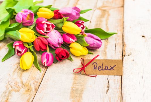 Gift card for relaxation with beautiful bunch of tulip flowers