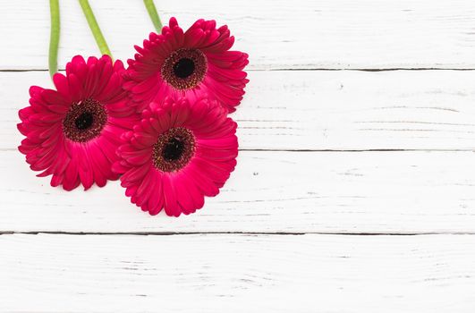 Bunch of flowers with pink gerbera daisies on white wood with copy space