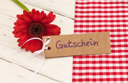 Gift card with red gerbera daisy flower and german word, Gutschein, means voucher or coupon