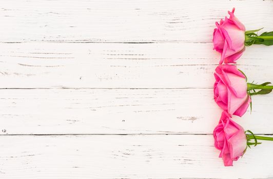 Romantic pink roses on white wooden background with copy space