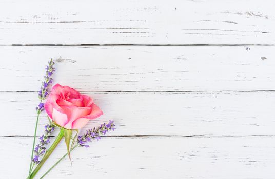 Pink rose and lavender on white wood with copy space