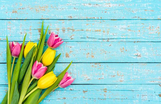 Beautiful bunch of flowers with fresh tulips on blue wood with copy space