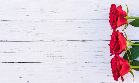 Romantic red roses frame on white wooden background with copy space