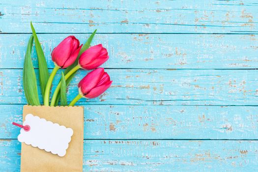 Red tulip spring flowers with empty tag on blue wooden background