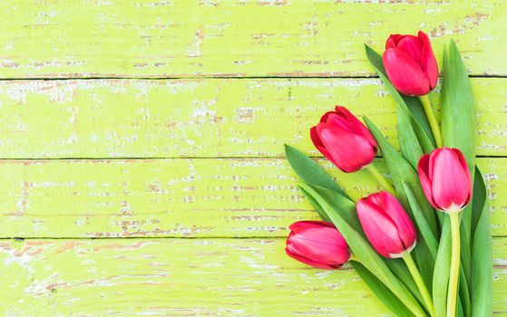 Flowers arrangement with red tulips on green wooden background with copy space