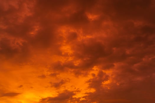 unusually beautiful fiery red tropical sunset. Burning clouds. Fire in the sky.