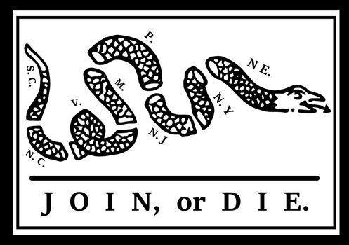Join or Die by Benjamin Franklin a political cartoon commentary on the disunity of the Thirteen Colonies during the French and Indian War