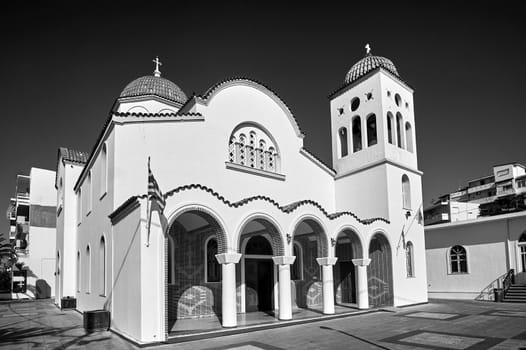 Neo-Byzantine orthodox church in the city of Rethymnon on the island of Crete, black and white