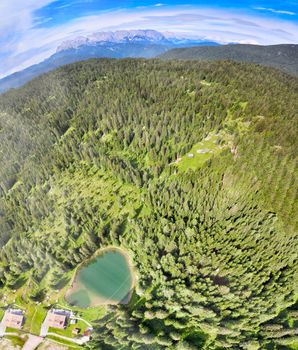 Alpin lake in summer time surrounded by beautiful forest, overhead downward aerial view.