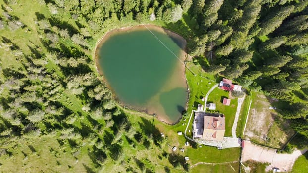 Alpin lake in summer time surrounded by beautiful forest, overhead downward aerial view.