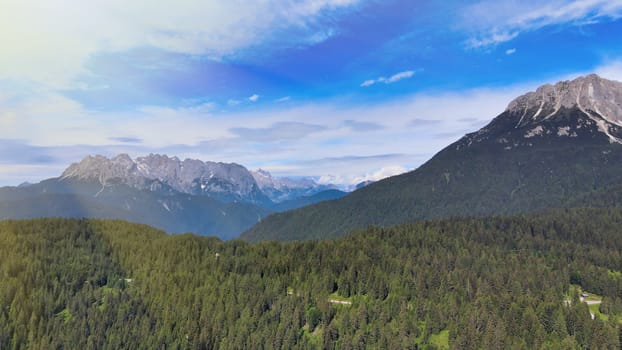 Alpin landscape with beautiful mountains in summertime, view from drone.