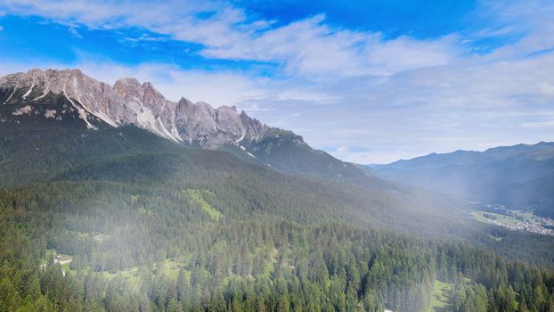 Alpin landscape with beautiful mountains in summertime, view from drone.